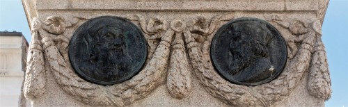 Statue of Giordano Bruno, medallions with the images of J. Wycliffe and J. Hus