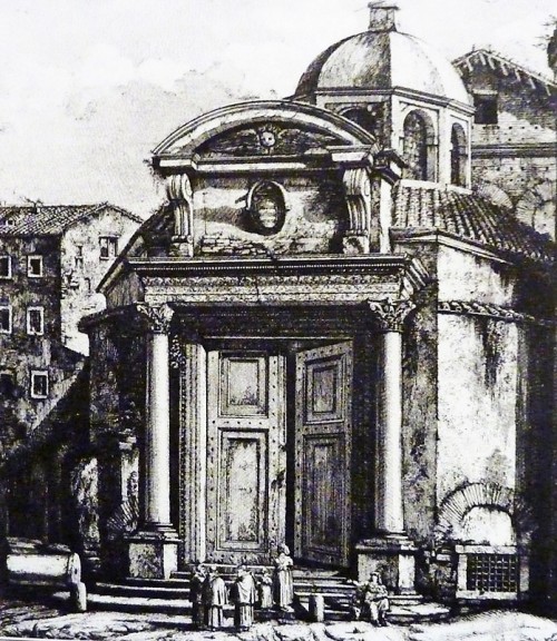 Santi Cosma e Damiano, old enterance to the church with a Baroque abutment, approx. 1820