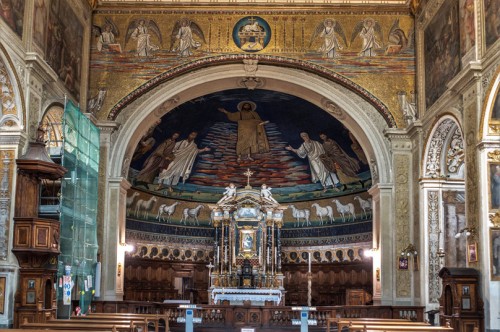 Church of Santi Cosma e Damiano, apse and triumphal arch of the basilica with mosaics from the VI and VII centuries