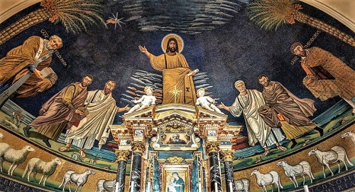 Church of Santi Cosma e Damiano, apse with the Parousia of Christ with figures of – St. Peter, Paul, Cosmas, Damian, Pope Felix IV, and St. Theodore