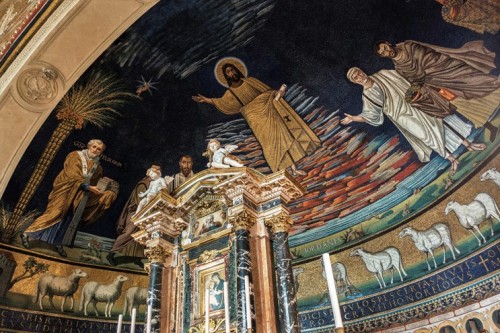 Church of Santi Cosma e Damiano, mosaic with a row of lambs at the base of the apse