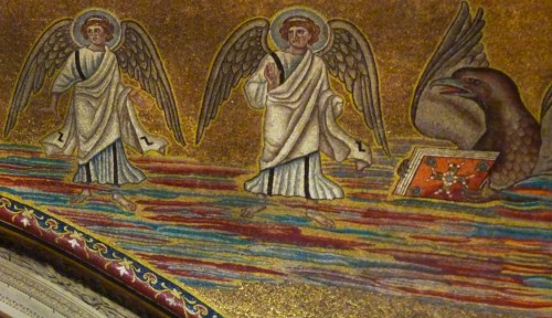 Santi Cosma e Basilica of Cosma e Damiano, mosaics of the church arch from the VII century depicting angels and the symbol of St. John the Evangelist