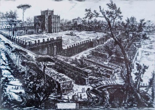 Casino di villa Doria Pamphilj w otoczeniu ogrodu i parku, rycina Gianbattista Piranesi, XVIII w.