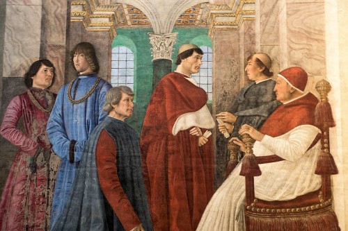 Melozzo da Forlì, Papież Sykstus IV powołuje Bartolomea Platinę na prefekta Biblioteki Watykańskiej, Pinacoteca Vaticana