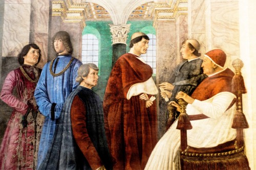 Papież Sykstus IV powołuje Bartolomea Palatinę na prefekta Biblioteki Watykańskiej, fresk Melozza da Forlì, Pinacoteca Vaticana