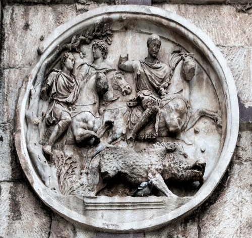 Triumphant Arch of Emperor Constantine the Great, one of the medallions depicting Emperor Hadrian hunting