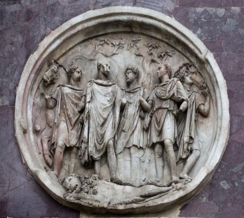 Triumphant Arch of Emperor Constantine the Great, one of the medallions depicting Emperor Hadrian hunting accompanied by Antinous