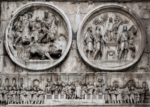 Triumphant Arch of Emperor Constantine the Great, medallions depicting Emperor Hadrian and frieze with a victorious Constantine in Rome