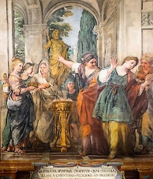 St. Bibiana and Rufina in front of pagan deities, frescoes in the church nave (Santa Bibiana), Pietro da Cotrona