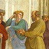 The School of Athens, Raphael, fragment, Socrates (in olive robe), Alkibiades (in armor) and Xenophon, papal apartments (Stanza della Segnatura), Apostolic Palace