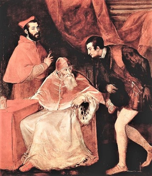 Portret papieża Pawła III z wnukami (Alessandro i Ottavio Farnese), Tycjan, zdj. WIKIPEDIA