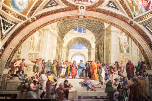 The School of Athens, Raphael, Stanze di Raffaello (Stanza della Segnatura) in the Apostolic Palace in the Vatican