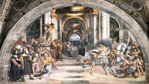 The Expulsion of Heliodorus from the Temple, Raphael and his workshop, Stanza di Eliodoro, Apostolic Palace, pic.Wikipedia