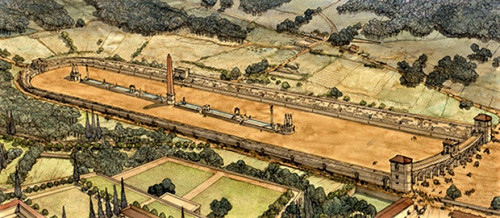 Hippodrome in the complex of the Maxentius villa, reconstruction, pic. Wikipedia