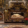 A round porphyry slab covering the burial place of Cardinal Sfondrati in front of the statue of St. Cecilia, Church of Santa Cecilia