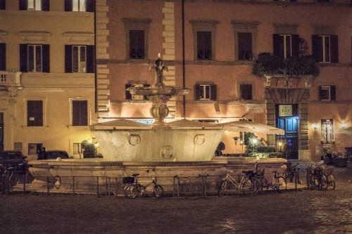 Piazza Farnese, fountain, in the background the facade of the Palazzo Fusconi Pighini Del Gallo (on the left)