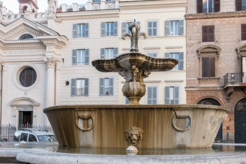 One of the two fountains in Piazza Farnese, behind the facade of the Church of Santa Brigida