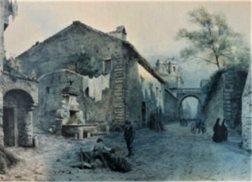 Watercolor from the 19th century showing the original location of the fountain at via Giulia