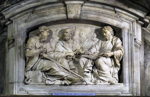 Cosimo Fancelli, marble slab – SS. Peter, Paul and Luke, in the background Martial and the symbol of Luke the Evangelist – ox, Basilica of Santa Maria in Via Lata