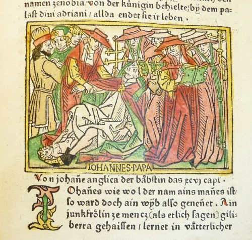 Drzeworyt ukazujący rodzącą papieżycę Joannę, De mulieribus claris Giovanniego Boccaccia, około 1474 zdj. Wikipedia