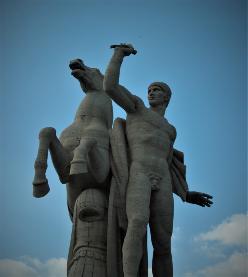 One of the Dioscuri Brothers, statue adorning the Palazzo della Civiltà Italiana, EUR, the so-called Square Colosseum, 1930, Publio Morbiducci