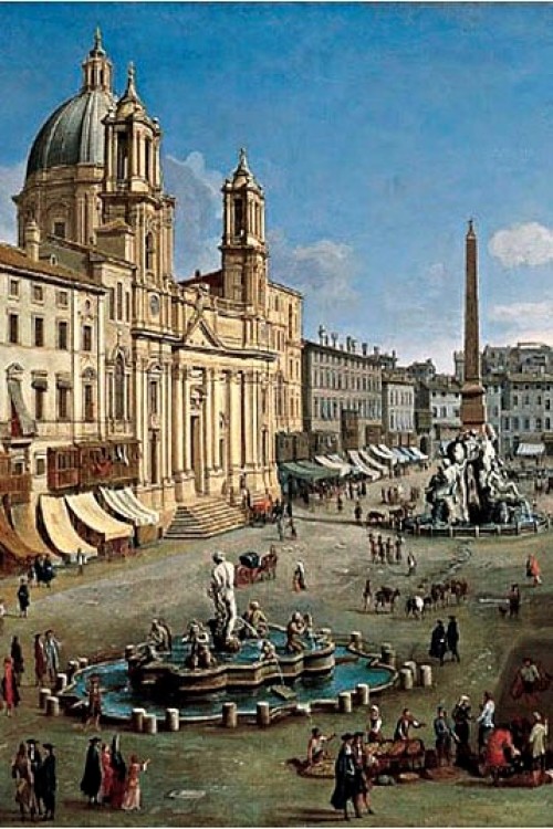 Fontana del Moro, Piazza Navona, Gaspare Vanvitelli, fragment, 1699, Museo Thyssen Bornemisza Madrid, zdj. Wikipedia