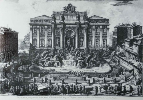 Fontanna di Trevi, fasada fontanny stworzona za  papieża Klemensa XII, rycina - Giovanni Battista Piranesi