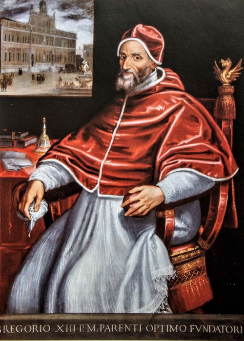 Portrait of Pope Gregory XIII, unknown painter, in the background the work of the pope – Gregoriana