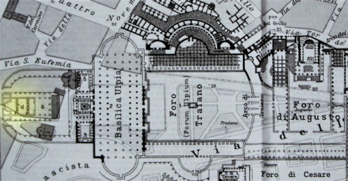 View of the old forums, on the left (in yellow) – Hadrian’s Temple