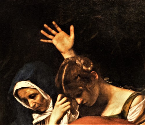 Złożenie do grobu, Caravaggio, Matka Boska i Maria Magdalena pogrążone w smutku, Musei Vaticani