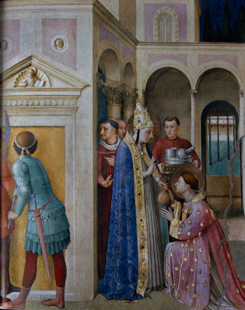 St. Lawrence Receiving the Treasures of the Church from Pope Sixtus II, Fra Angelico, Chapel of Pope Nicholas V,  Apostolic Palace