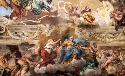 Triumf Opatrzności Bożej, Godność w towarzystwie Mądrości (po lewej) i  Przemocy (po prawej), Pietro da Cortona, Palazzo Barberini