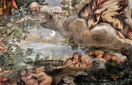 Triumf Opatrzności Bożej, nadlatująca alegoria Czystości, poniżej kobiety - powód męskiego braku wstrzemięźliwości, Pietro da Cortona, Palazzo Barberini