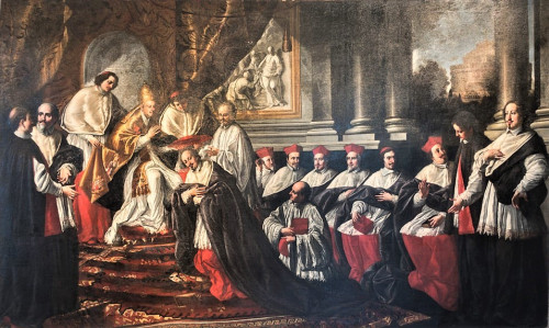 Fabio Chigi otrzymuje kapelusz kardynalski od Innocentego X, Pier Leone Gehzzi, pocz. XVIII w.