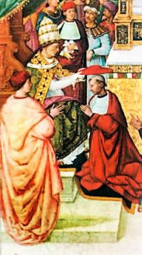 Papież Kalikst III nadający kapelusz kardynalski Enea Piccolominiemu - późniejszemu papieżowi Piusowi II, fresk, katedra w Sienie, zdj. Wikipedia