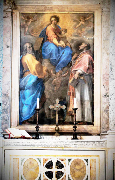 Sant’Andrea Oratory, main altar, Pomarancio (Cristoforo Roncalli), Madonna and Child with St. Andrew and  St. Gregory