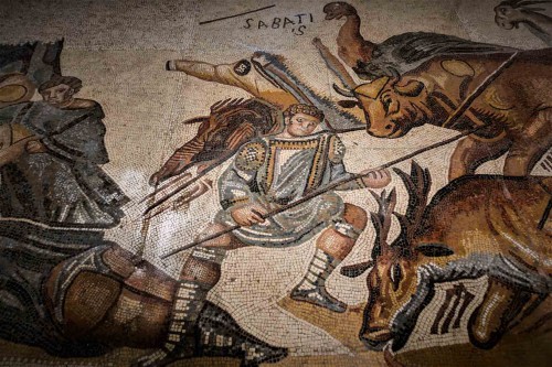 Gladiator fights, ancient mosaic, Galleria Borghese