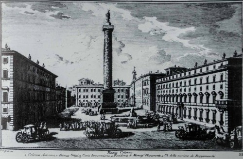 Kolumna Marka Aureliusza na Piazza Colonna, po prawej Palazzo Chigi, rycina - Giuseppe Vasi, II poł. XVII w.