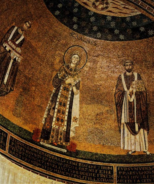 Basilica of Sant'Agnese fuori le mura, mosaics from the VII century, on the right Pope Gregory I, apse
