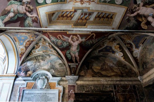 Basilica of Santa Cecilia, frescoes in the vestibule representing the saints with a landscape in the background, XVI century