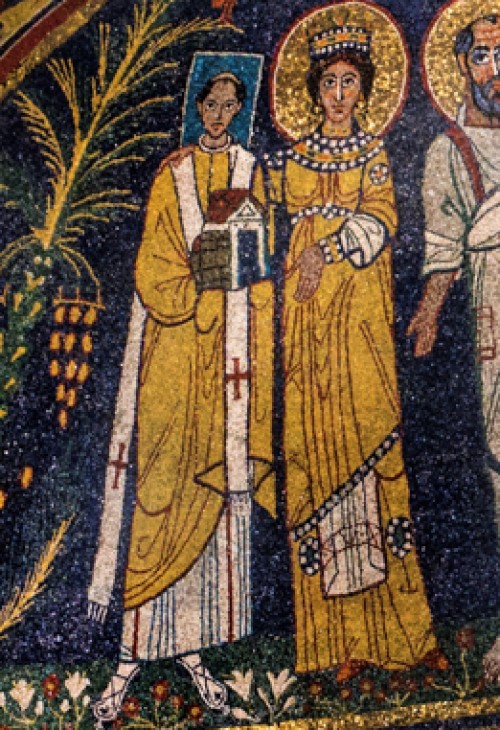 Basilica of Santa Cecilia, apse mosaics – Pope Paschalis I with a model of the church and St. Cecilia putting her arm around him