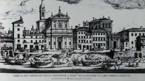 Nadbrzeże Tybru - port Ripetta przed 1702 rokiem, w środku kościół San Girolamo, Giovanni Battista Falda