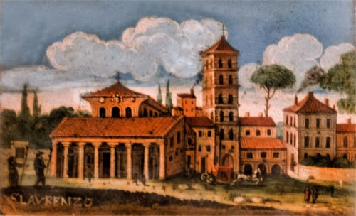 Basilica of San Lorenzo fuori le mura, view of the church from the beginning of the XVII century, fragment of the decoration of the secretary desk from Museo di Roma, Palazzo Braschi