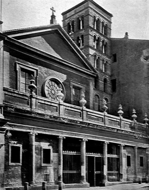 San Lorenzo in Lucina, fasada z 1911 r., jeszcze z częściowo zabudowanym przedsionkiem kolumnowym, zdj. Wikipedia