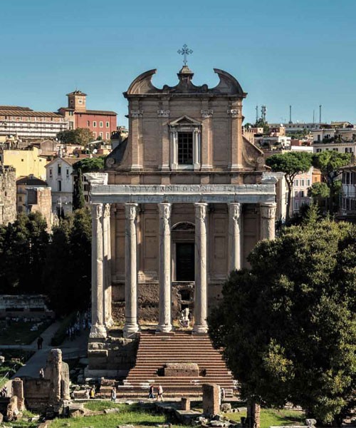 Church of San Lorenzo in Miranda, the former temple of Empress Faustina and Emperor Antoninus Pius, view from Palatine Hill
