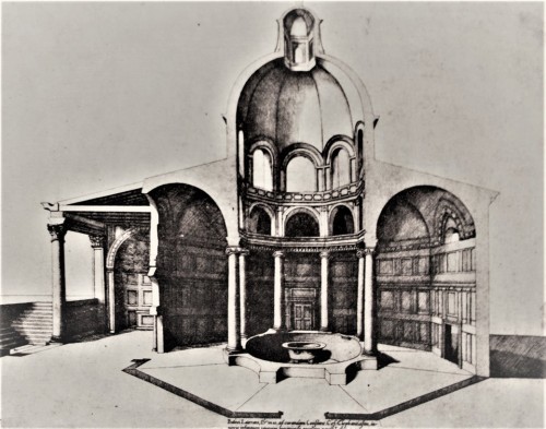 View of the San Giovanni Baptistery in the XVI century – drawing by A. Lafrery, according to R. Krautheimer Rom. Schicksal einer Stadt