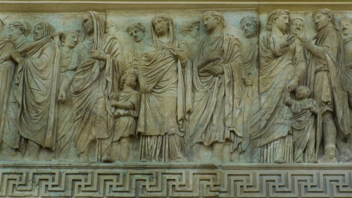 Altar of Peace, Museo dell’Ara Pacis, frieze on the southern wall, in the middle the representation of Marcus Agrippa and Julia (or Livia – the wife of  Augustus)