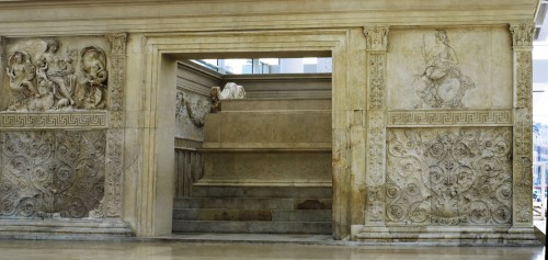 Altar of Peace, Museo dell’Ara Pacis, rear of the altar, Goddess Tellus (Venus Genetrix) with personification of Rome on the other side