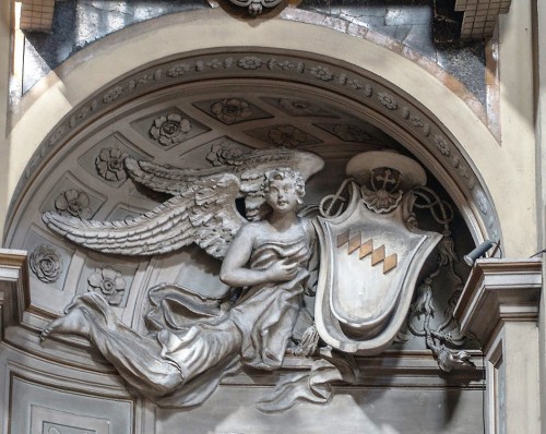 Church of Santa Maria dei Miracoli, angel supporting the Gastaldi family coat of arms above the main enterance