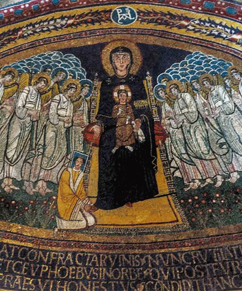 Basilica of Santa Maria in Domnica, apse mosaics – The Enthroned Madonna with Child among archangels